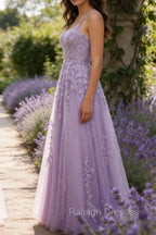 Purple A-Line Spaghetti Straps Long Prom Dress with Appliques