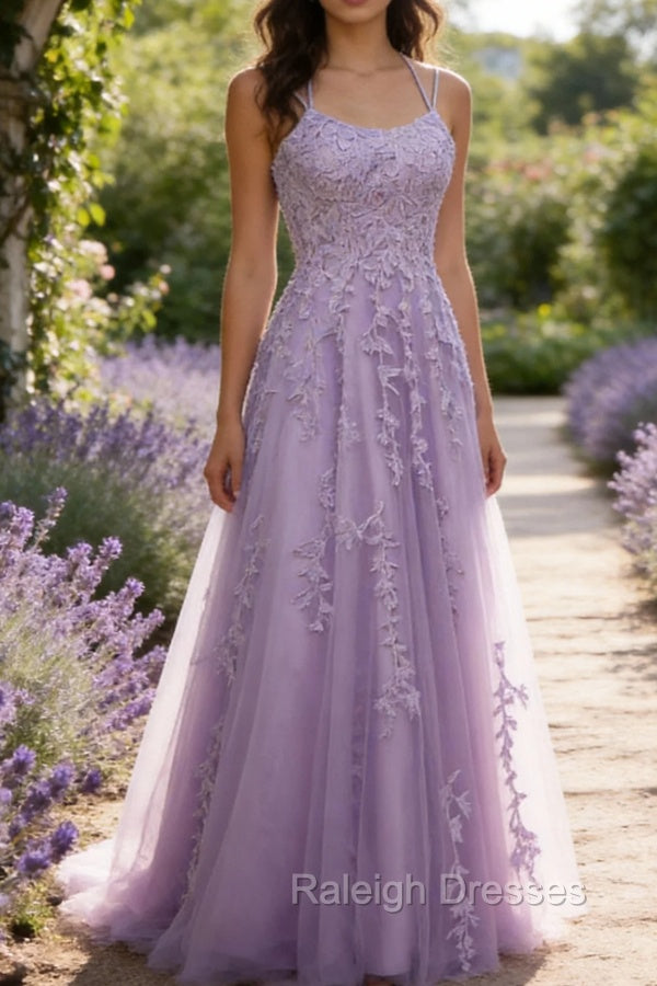 Purple A-Line Spaghetti Straps Long Prom Dress with Appliques Main image