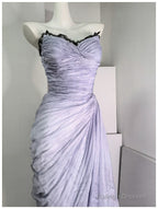 Purple A-Line Strapless Chiffon Pleated Prom Dresses Long Chic Lace Graduation Prom Dresses