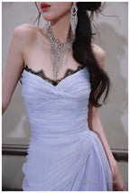 Purple A-Line Strapless Chiffon Pleated Prom Dresses Long Chic Lace Graduation Prom Dresses