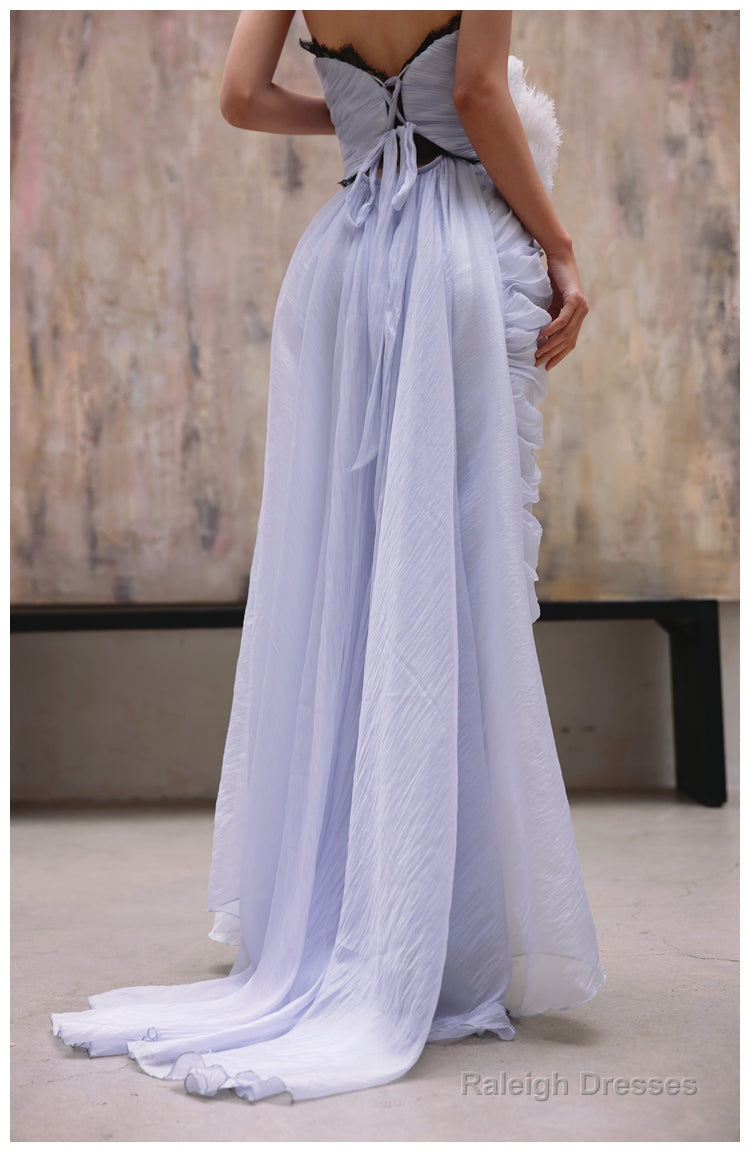 Purple A-Line Strapless Chiffon Pleated Prom Dresses Long Chic Lace Graduation Prom Dresses