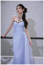 Purple A-Line Strapless Chiffon Pleated Long Prom Dress Chic Lace Graduation Prom Dress