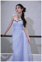Purple A-Line Strapless Chiffon Pleated Prom Dresses Long Chic Lace Graduation Prom Dresses