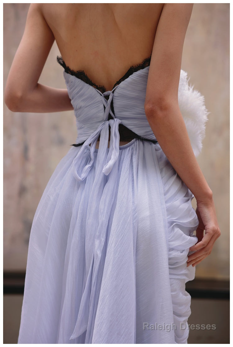 Purple A-Line Strapless Chiffon Pleated Prom Dresses Long Chic Lace Graduation Prom Dresses