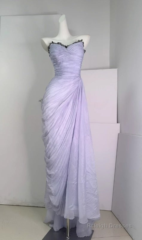 Purple A-Line Strapless Chiffon Pleated Prom Dresses Long Chic Lace Graduation Prom Dresses