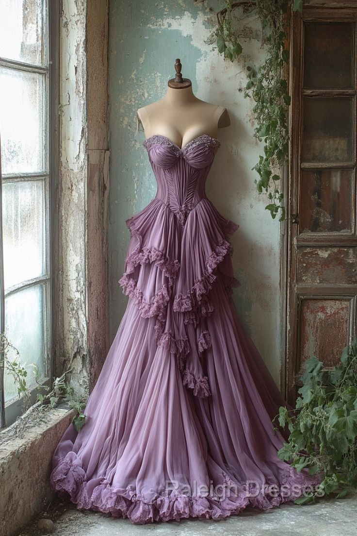 Purple A-Line Sweetheart Neck Tulle Beaded Long Prom Dress, Vintage Formal Dress Secondary image