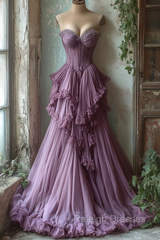 Purple A-Line Sweetheart Neck Tulle Beaded Long Prom Dress, Vintage Formal Dress Main image