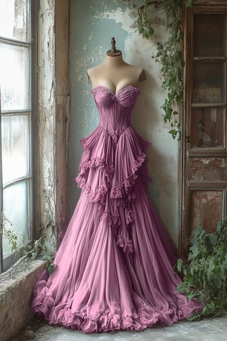 Purple A-Line Sweetheart Neck Tulle Beaded Long Prom Dresses Vintage Prom Dresses