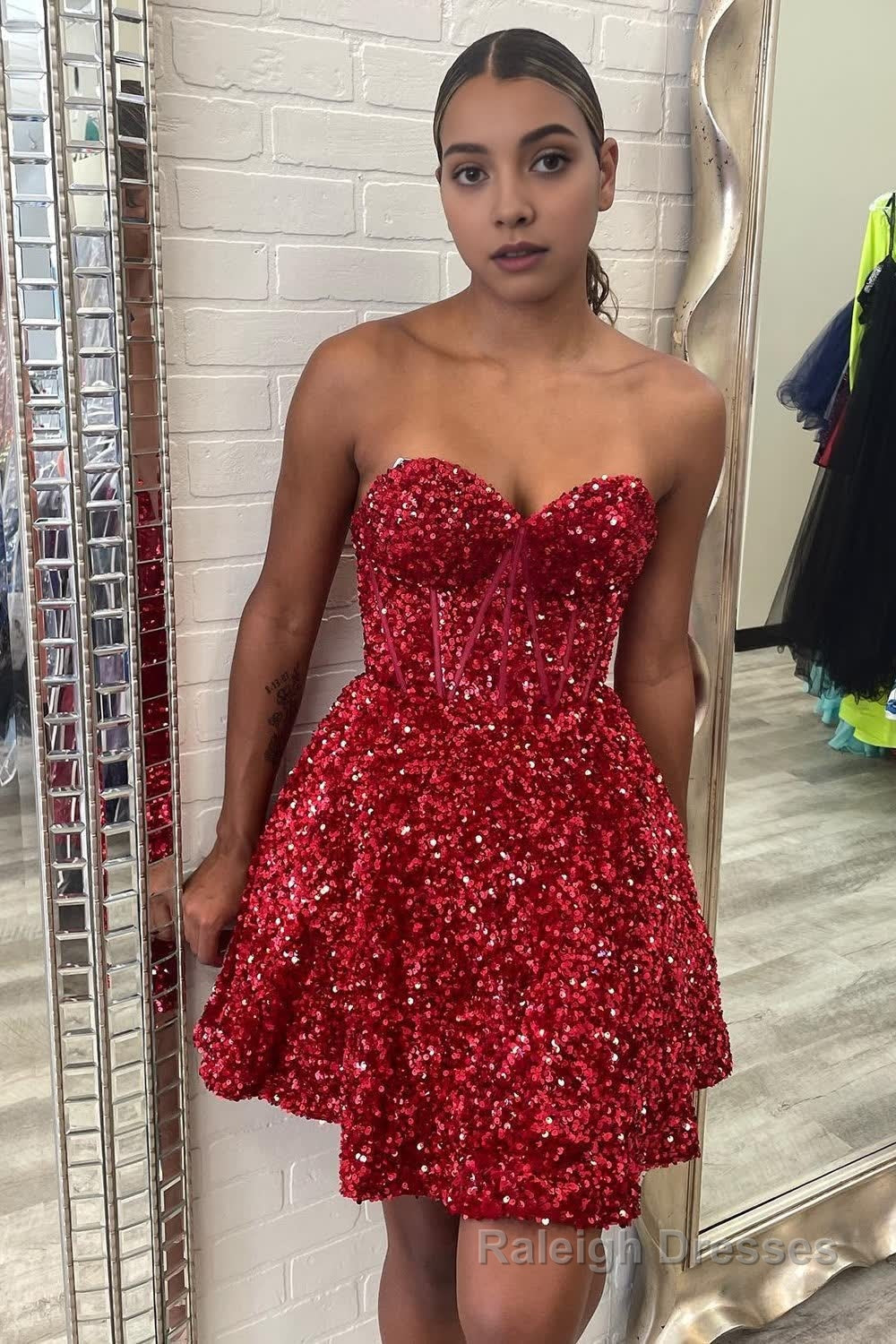 Purple A Line Sweetheart Sequins Short Homecoming Dress with Pockets