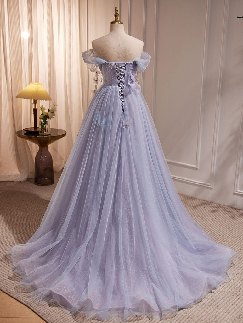 Purple A-Line Tulle Long Formal Prom Dress, Off Shoulder Purple Graduation Dress Secondary image