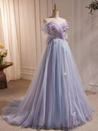 Purple A-Line Tulle Long Formal Prom Dress, Off Shoulder Purple Graduation Dress