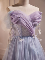 Purple A-Line Tulle Long Formal Prom Dress, Off Shoulder Purple Graduation Dress