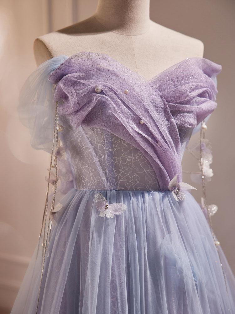 Purple A-Line Tulle Long Formal Prom Dress, Off Shoulder Purple Graduation Dress