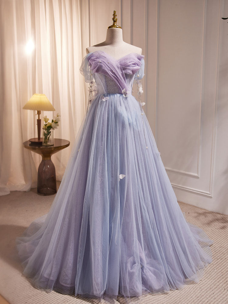 Purple A-Line Tulle Long Formal Prom Dress, Off Shoulder Purple Graduation Dress