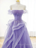 Purple A-Line Tulle Off Shoulder  Long Prom Dress, Purple Lace Evening Dress