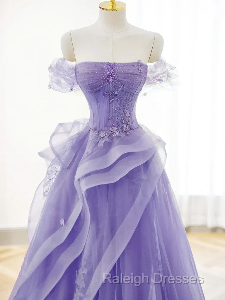 Purple A-Line Tulle Off Shoulder  Long Prom Dress, Purple Lace Evening Dress