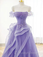 Purple A-Line Tulle Off Shoulder Long Prom Dresses Purple Lace Prom Dresses