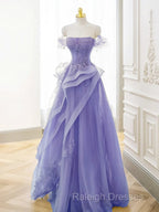 Purple A-Line Tulle Off Shoulder  Long Prom Dress, Purple Lace Evening Dress