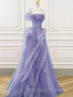 Purple A-Line Tulle Off Shoulder Long Prom Dresses Purple Lace Prom Dresses
