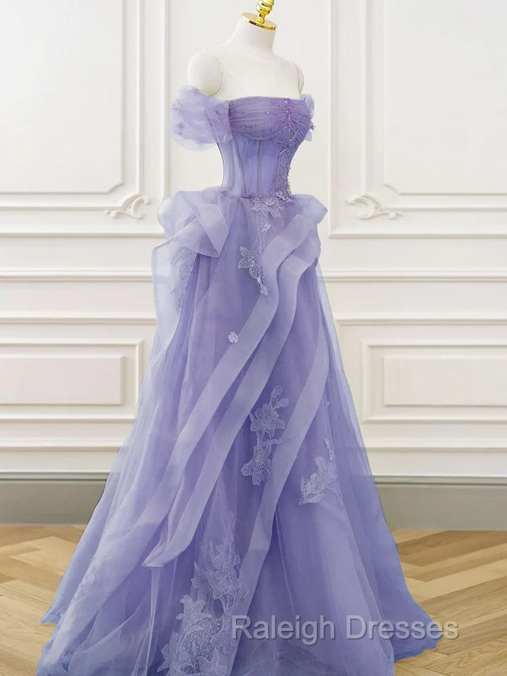Purple A-Line Tulle Off Shoulder Long Prom Dresses Purple Lace Prom Dresses