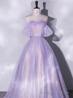 Purple A Line Tulle Sequin Long Prom Dress, Purple Sequin Long Formal Dress