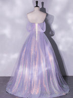 Purple A Line Tulle Sequin Long Prom Dress, Purple Sequin Long Formal Dress