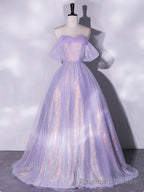 Purple A Line Tulle Sequin Long Prom Dress, Purple Sequin Long Formal Dress