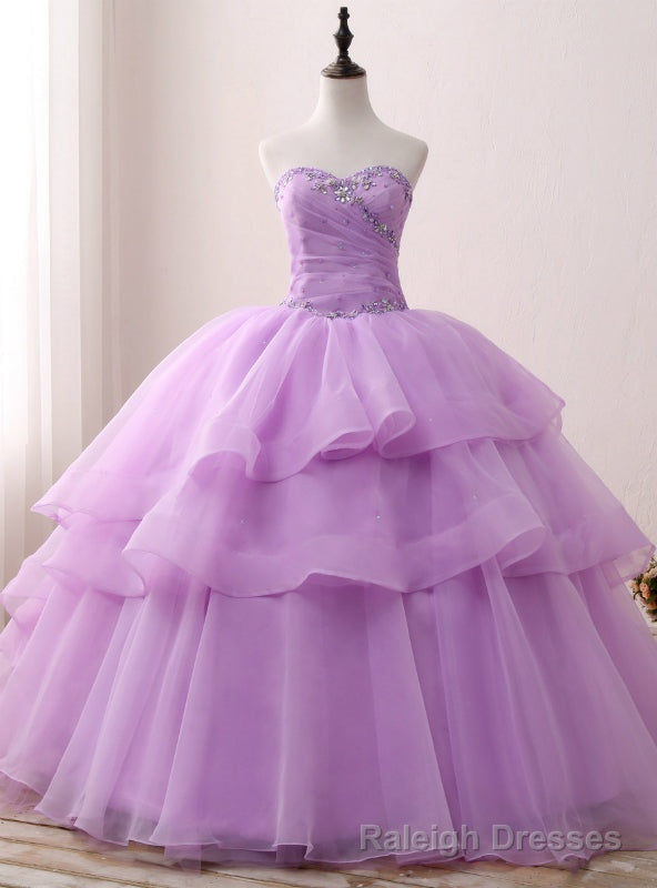 Purple Ball Gowns Organza Sweetheart neck Sweet 15 Dresss With Crystal