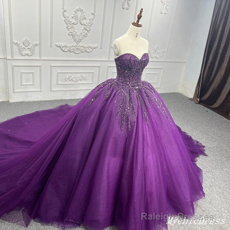 Purple Ball Gown Quince Dresses Tulle Sweetheart Sequin Wedding Dresses For Women