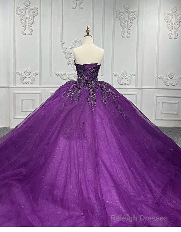 Purple Ball Gown Quince Dresses Tulle Sweetheart Sequin Wedding Dresses For Women
