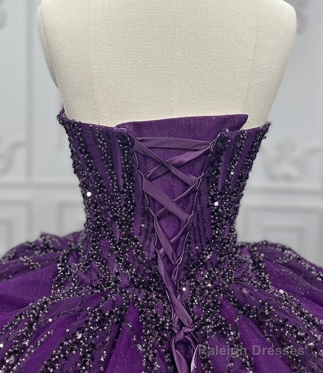 Purple Ball Gown Quince Dresses Tulle Sweetheart Sequin Wedding Dresses For Women