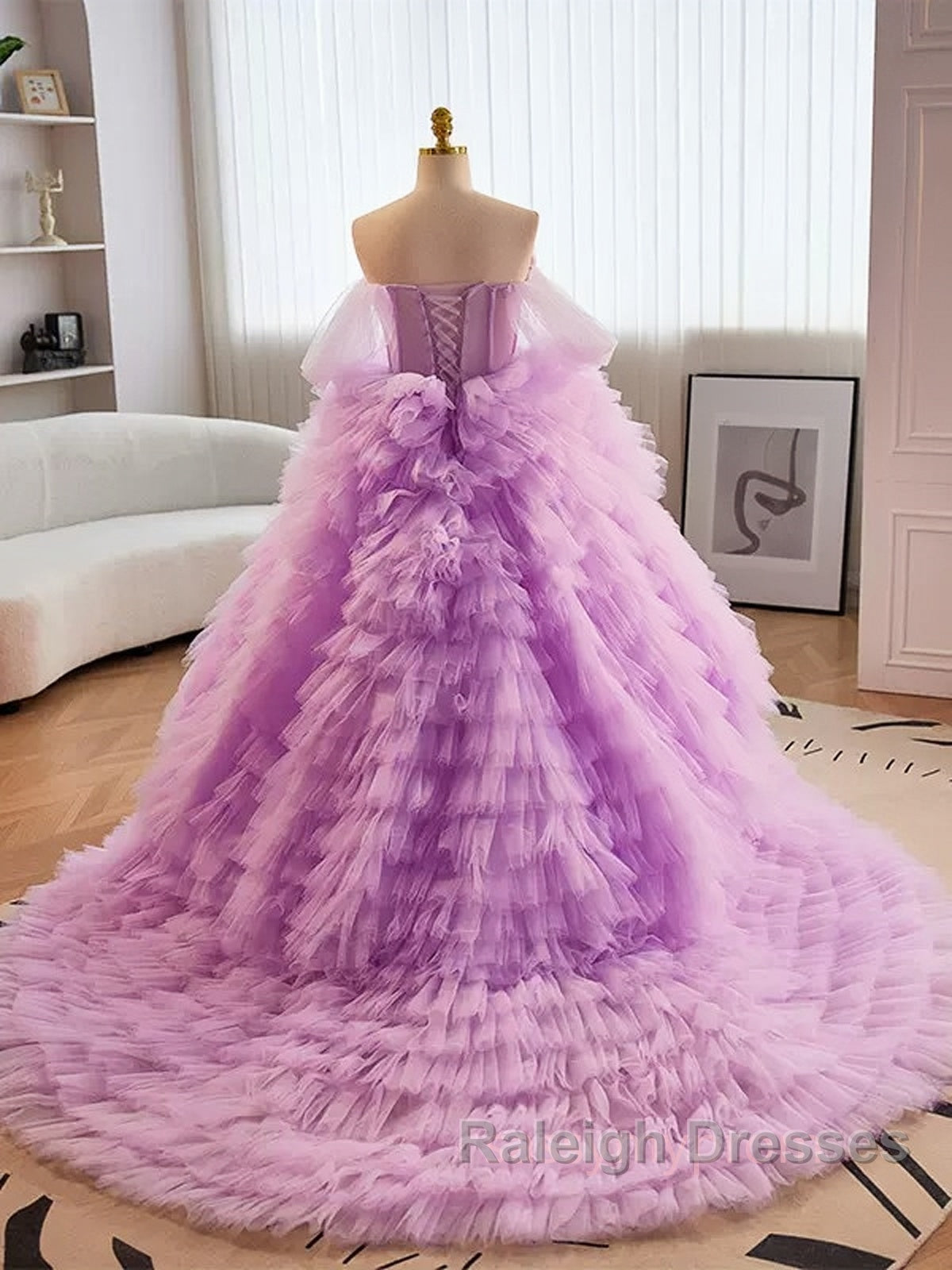 Purple Ball Gown Tulle Off The Shoulder Tiers Prom Dress Secondary image