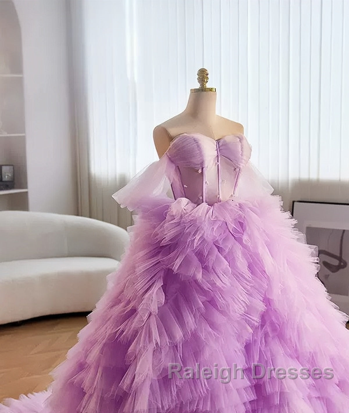 Purple Ball Gown Tulle Off The Shoulder Tiers Prom Dresses
