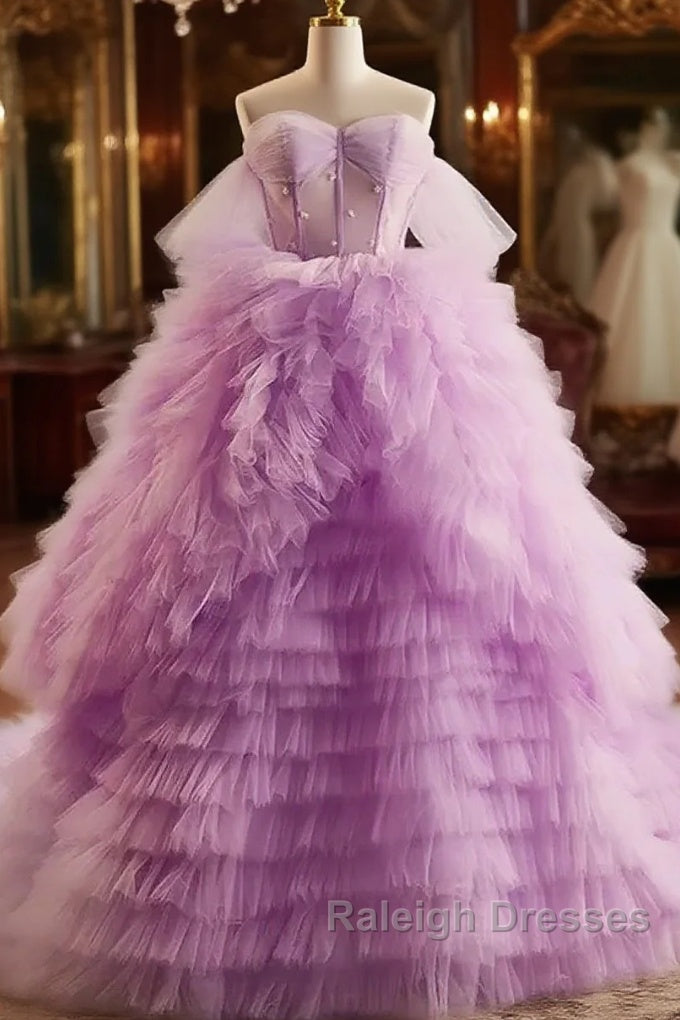 Purple Ball Gown Tulle Off The Shoulder Tiers Prom Dress Main image