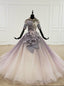 Purple Ball Gown Tulle Sequins High Neck Backless Short Sleeve Wedding Dress