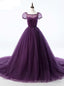 Purple Ball Gown Tulle Short Sleeve Backless Train Wedding Dress