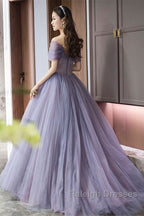 Purple Beaded Tulle Ball Gown Formal Dress, Off Shoulder Sweet 16 Formal Dress