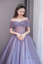 Purple Beaded Tulle Ball Gown Formal Dress, Off Shoulder Sweet 16 Formal Dress