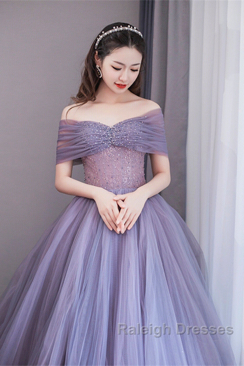 Purple Beaded Tulle Ball Gown Formal Dress, Off Shoulder Sweet 16 Formal Dress