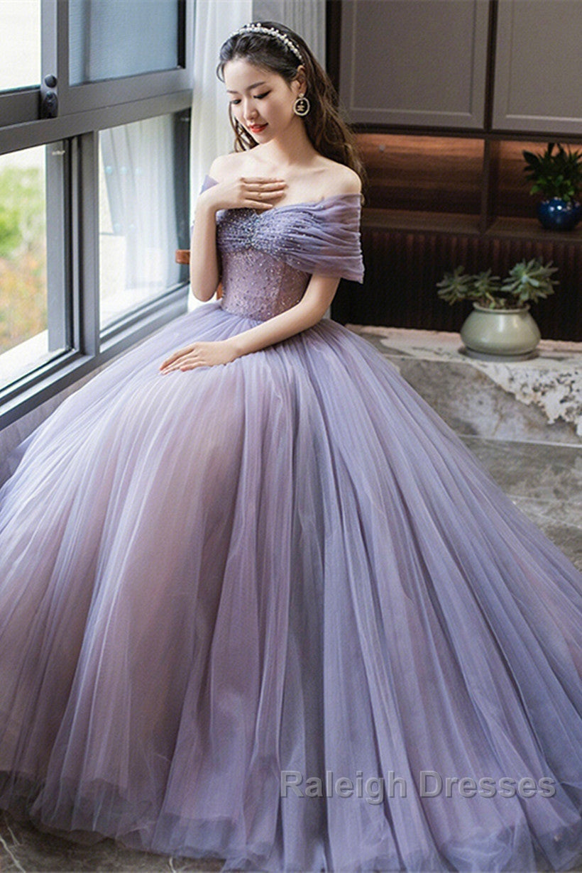 Purple Beaded Tulle Ball Gown Formal Dress, Off Shoulder Sweet 16 Formal Dress