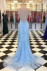 Purple/Blue Mermaid Backless Lace Prom Dresses, Purple/Blue Mermaid Backless Lace Formal Graduation Evening Dreses