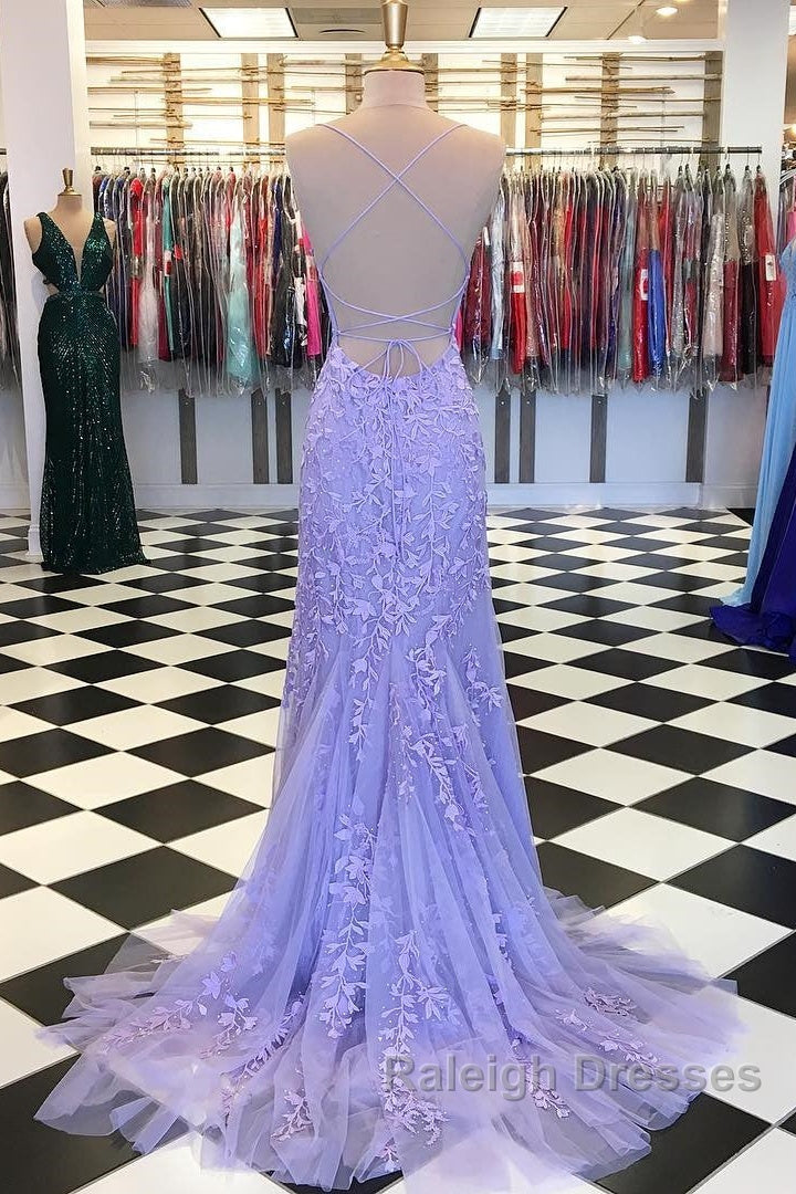 Purple/Blue Mermaid Backless Lace Prom Dresses, Purple/Blue Mermaid Backless Lace Formal Graduation Evening Dreses