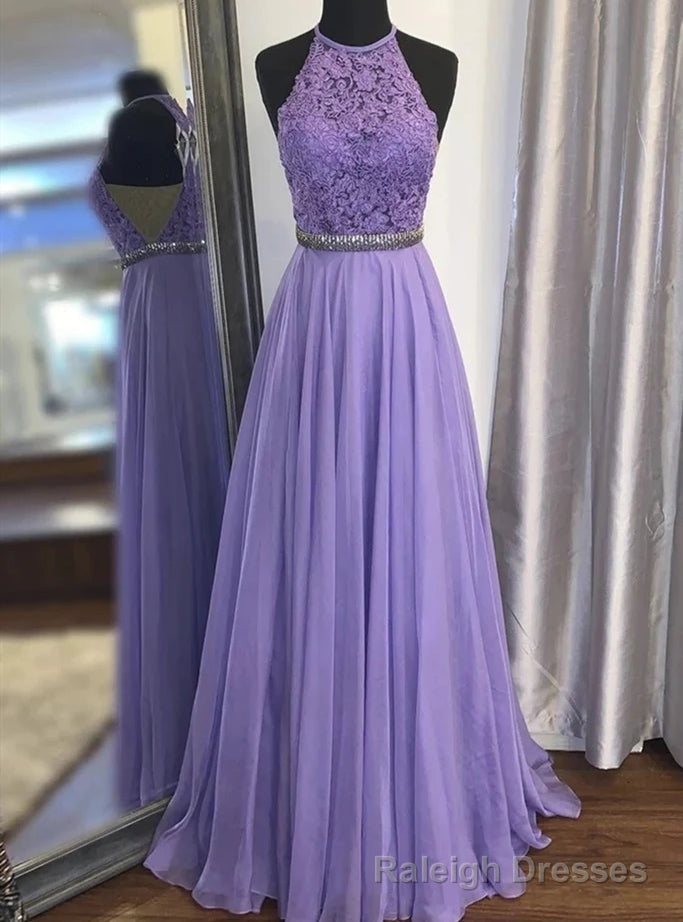 Purple Chiffon Lace Halter Beading Prom Dress Main image