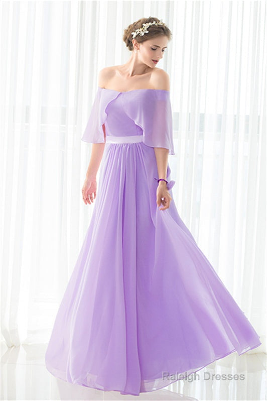 Purple Chiffon Off The Shoulder Long Bridesmaid Dresses Main image