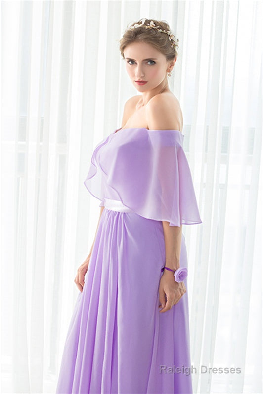 Purple Chiffon Off The Shoulder Long Bridesmaid Dresses