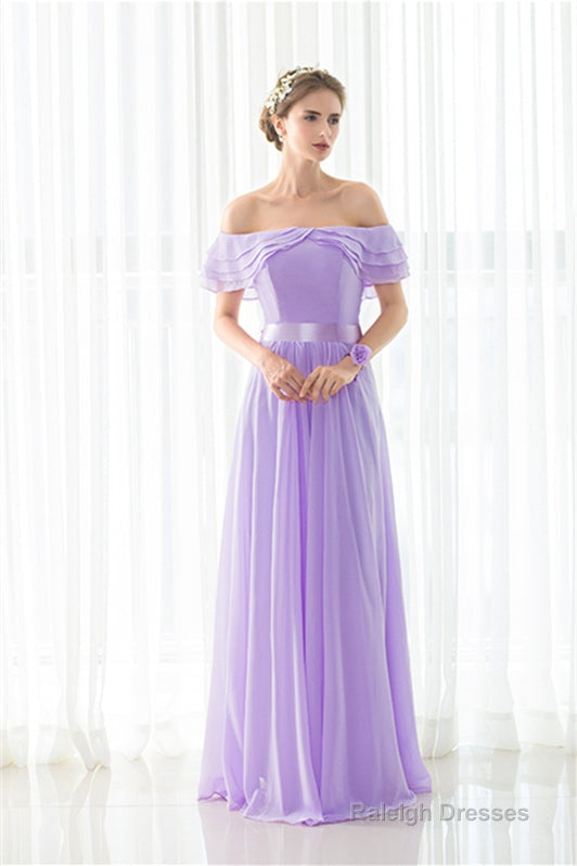 Purple Chiffon Off The Shoulder Long Bridesmaid Dresses Main image