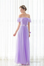 Purple Chiffon Off The Shoulder Long Bridesmaid Dresses