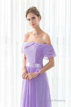 Purple Chiffon Off The Shoulder Long Bridesmaid Dresses