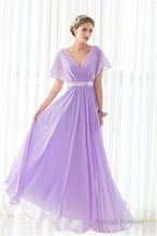 Purple Chiffon V-neck Backless Pleats Long Bridesmaid Dresses
