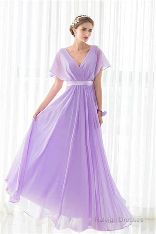 Purple Chiffon V-neck Backless Pleats Long Bridesmaid Dresses